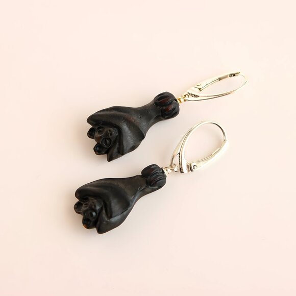 Baltic Black Amber Bat Earrings with 925 Sterling Silver - Picture 3 of 3